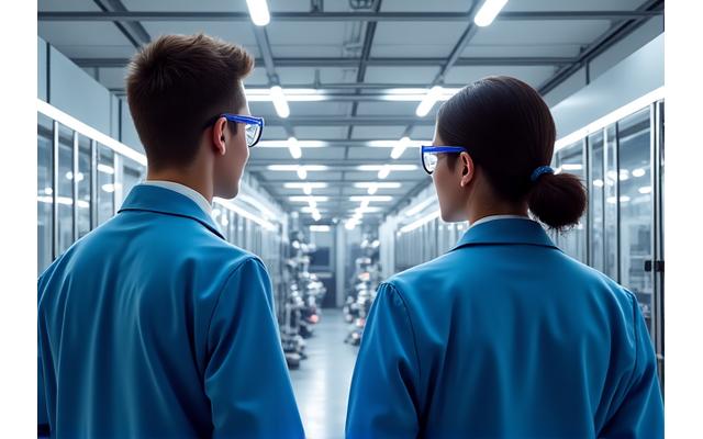 Engineers overseeing automated machinery in a clean, modern manufacturing plant.